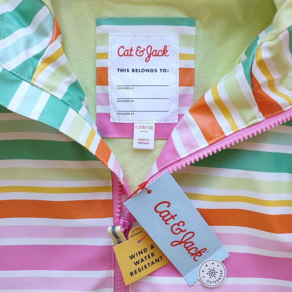 💛 NEW Rain Jacket Full Zip Lined Hood Colorful Stripes Size Girl Large 10/12 - Picture 9 of 10